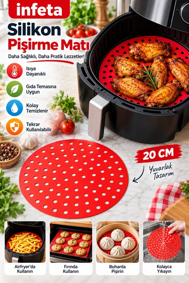 20 cm Round Silicone Airfryer Cooking Mat Heat Resistant Washable with Holes
