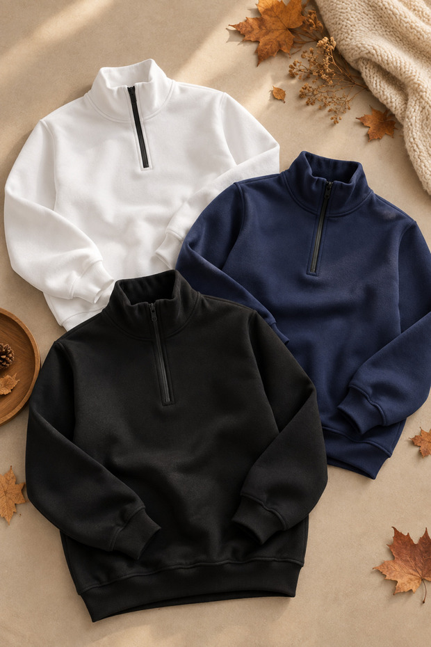 Unisex 3-Piece Half-Zipper Sweatshirt Set with Stand-Up Collar, 3-Yarn Raster, Winter Oversize