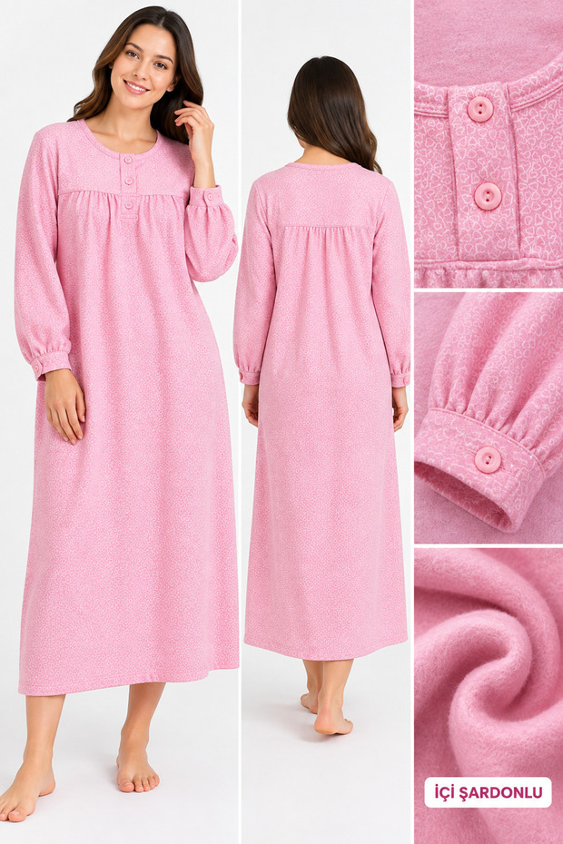Large Size Long Sleeve Inner Layered Women's (Mom's) Nightgown with Heart Pattern and Buttoned Sleeve Cuffs, a Winter Product, 100% Cotton.