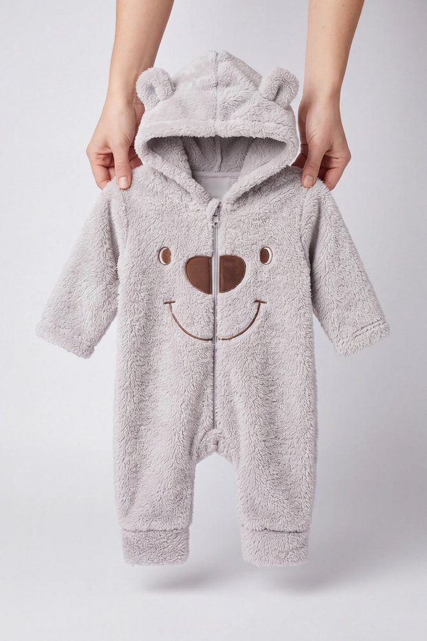 Baby Boy Jumpsuit with Teddy Bear Ears, Hooded Plush Zippered Baby Set