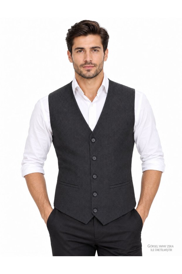 Men's V-Neck Vest Black with Fine Stripes 56107