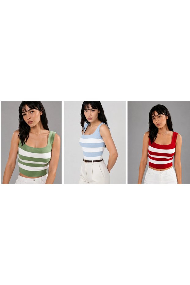 3-Piece Square Neck Striped Knitwear Athlete Women's Slim Fit Stylish Knitwear Blouse