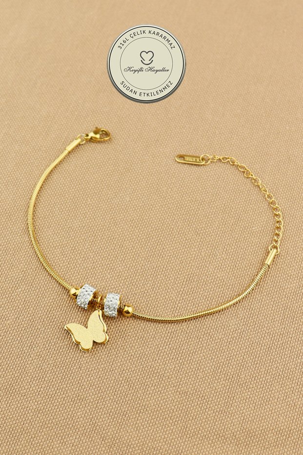 Steel Bracelet - Butterfly Model Snake Chain with Movable Bead Stone 316L Steel Bracelet 16+5cm