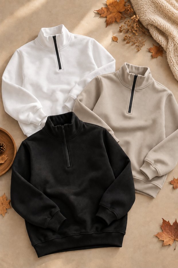 Unisex 3-Piece Half-Zipper Sweatshirt Set with Stand-Up Collar, 3-Yarn Raster, Winter Oversize