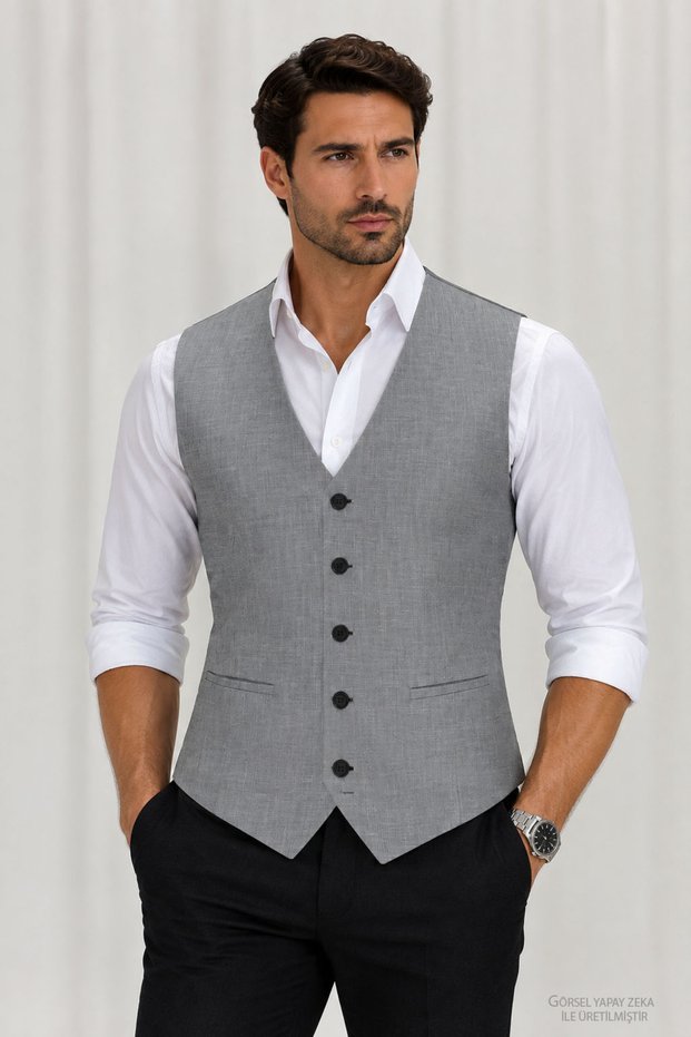 Men's V-Neck Vest Grey Melange Woven 56102