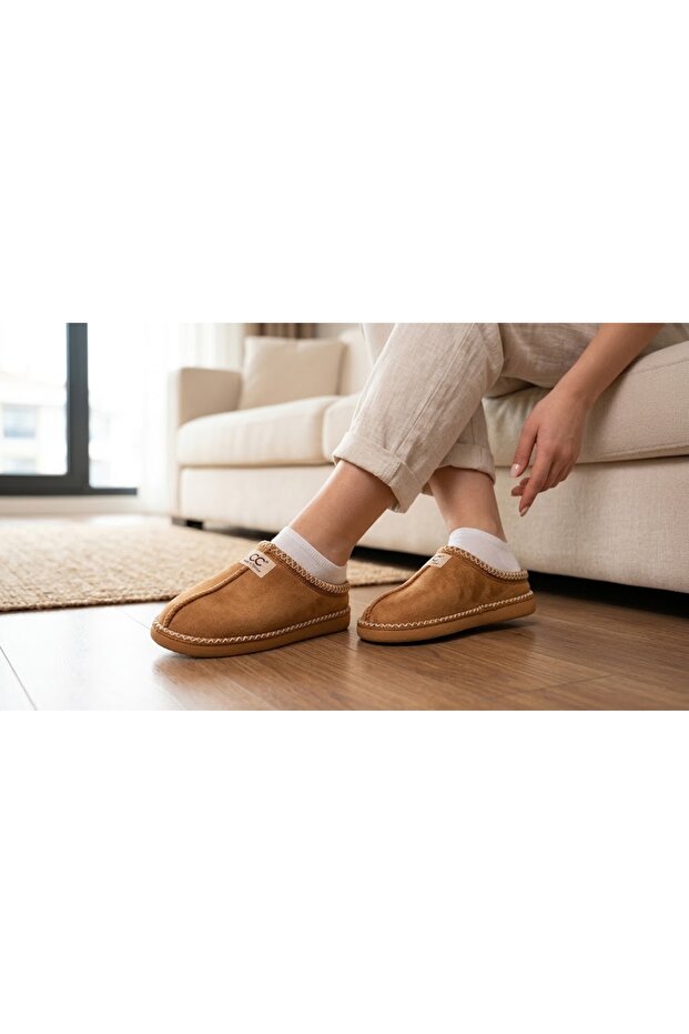 Women'S, Suede Textured, Fur Lined, Embroidery Detailed, Warm, Soft Sole House Slippers