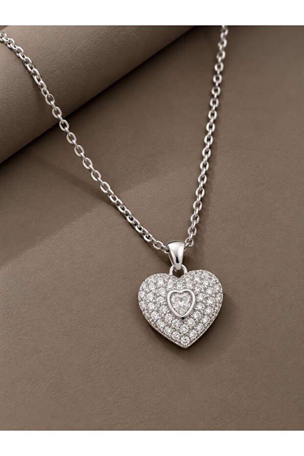316L Steel Chain Silver Color Zircon Stone Heart Necklace