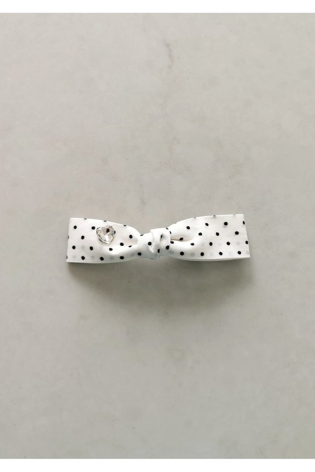 White Black Polka Dot Heart Stone Detailed Bowknot Hair Clip 10.5X2.5 cm