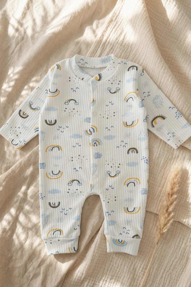 Blue Rainbow Patterned Fabric 100% Cotton Baby Boy Romper 3-6-9 Months