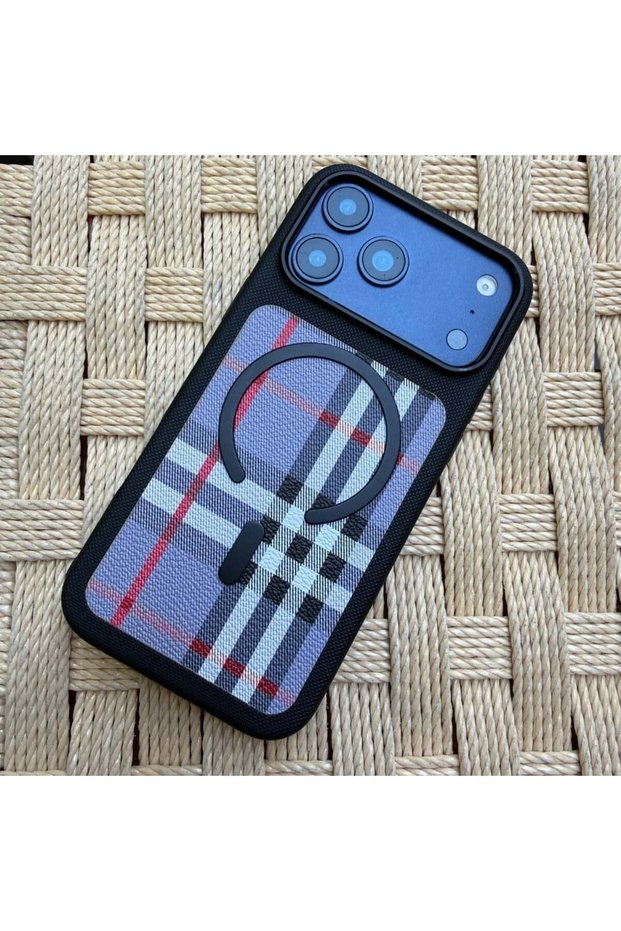 iPhone 15 Pro Compatible Black Armor Premium Case with Magsafe Feature and Plaid Pattern