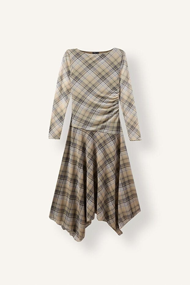 Asymmetrical Cut Square Patterned Boat Neck Long Sleeve Tulle Midi Dress J1440Ax26Wn