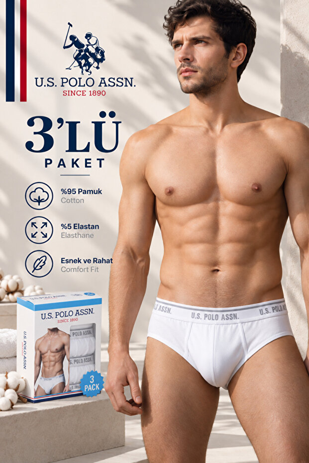 Men'S, Licensed, Uspa, 95% Cotton, 5% Elastane, Flexible Waistband, Brief Slip Underwear, Basic, Comfort, Set of 3