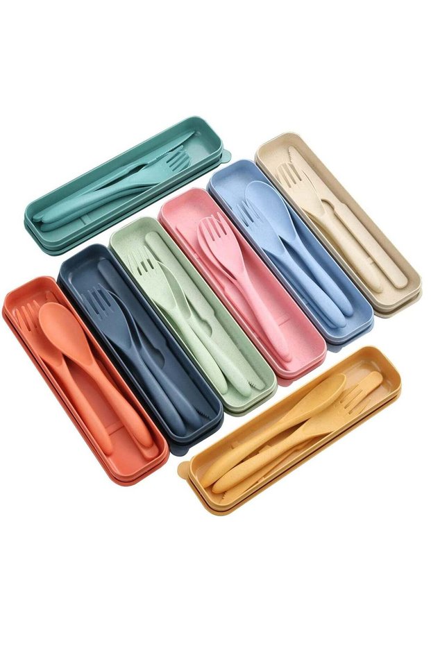 Wheat Straw Cutlery, Reusable Portable Travel Utensil Set with Case, Spoon Knife Fork Tableware set, for Kids Adult Travel Picnic Camping or Daily Use (8 Colors)