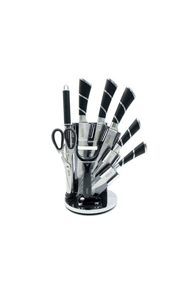 BERAM 9 Piece Kitchen Knife Set with Spinning Magnetic Block, High Carbon Stainless Steel Chef Knives, Non-Stick Non-Slip Blades, Kitchen Scissors & Knife Sharpener, Modern Silver Stripe Design