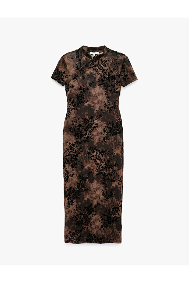 Slit Slim Fit Short Sleeve Stand Qipao Collar Velvet Floral Textured Tulle Midi Dress