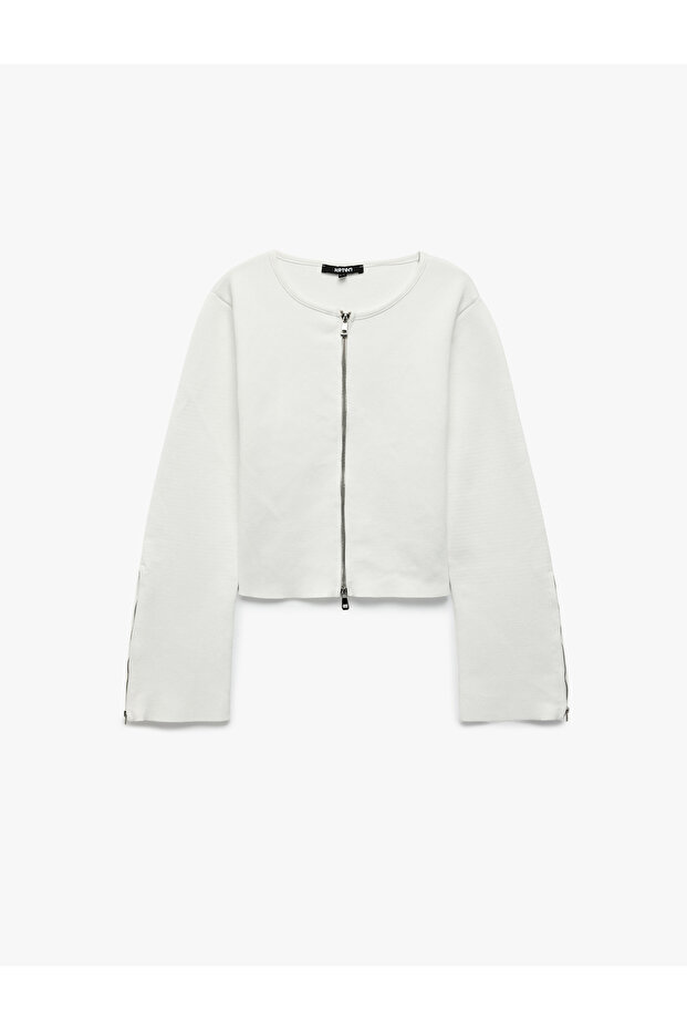 Crew Neck Long Sleeve Zippered Knitwear Boxy Cardigan