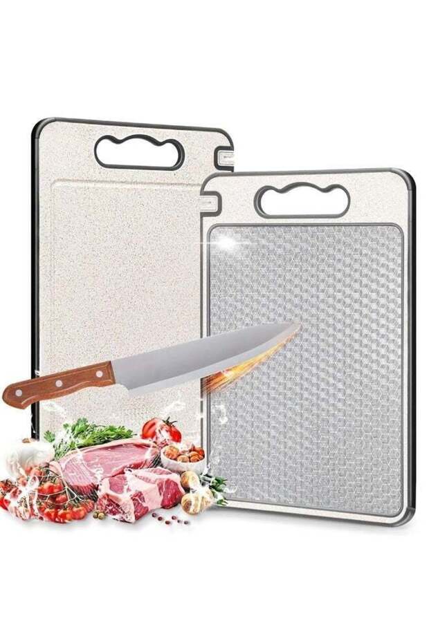 HASTHIP® 14.4 x9.8 inchs Double Sided 304 Wheat Straw & Steel Chopping Board with Whetstone Notch Anti-slip Cutting Board for Meat, Vegetable, Fruit, Deli