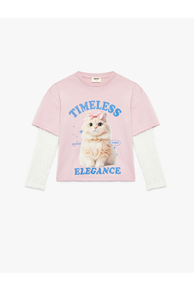 Cat Printed Cotton Crew Neck Long Sleeve T-Shirt with Lace Detail