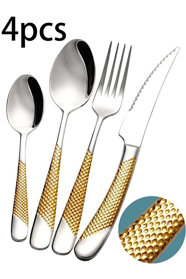 4 PCS Hammered Silver Gold Silverware Set, Kitchen Utensil Set, Tableware Cutlery Set, Knives Forks Spoons Set