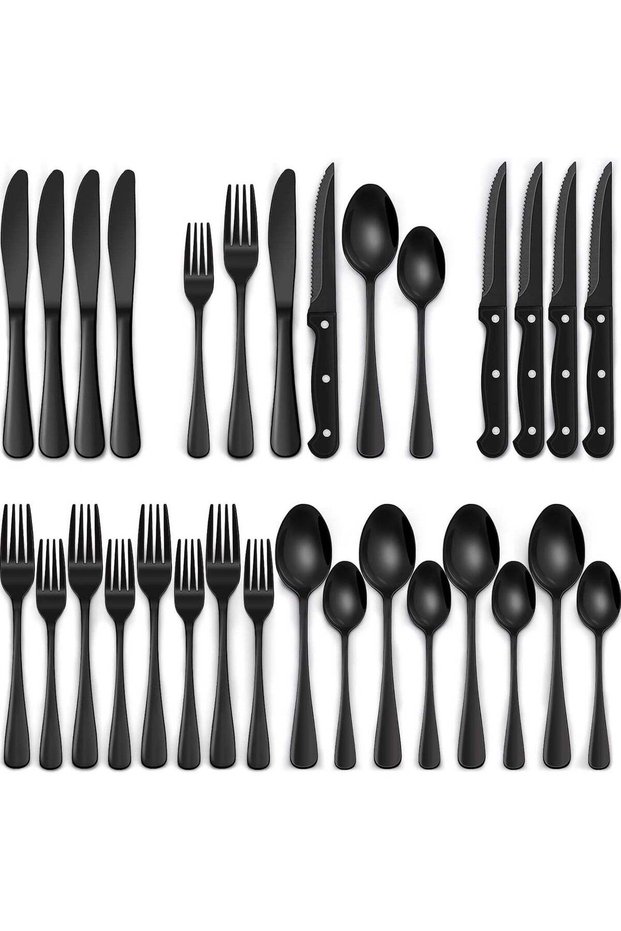 24-Piece Black Silverware Set with Steak Knives, Black Flatware Set for 4, Food-Grade Stainless Steel Tableware Cutlery Set, Mirror Finished Utensil Sets for Home Restaurant
