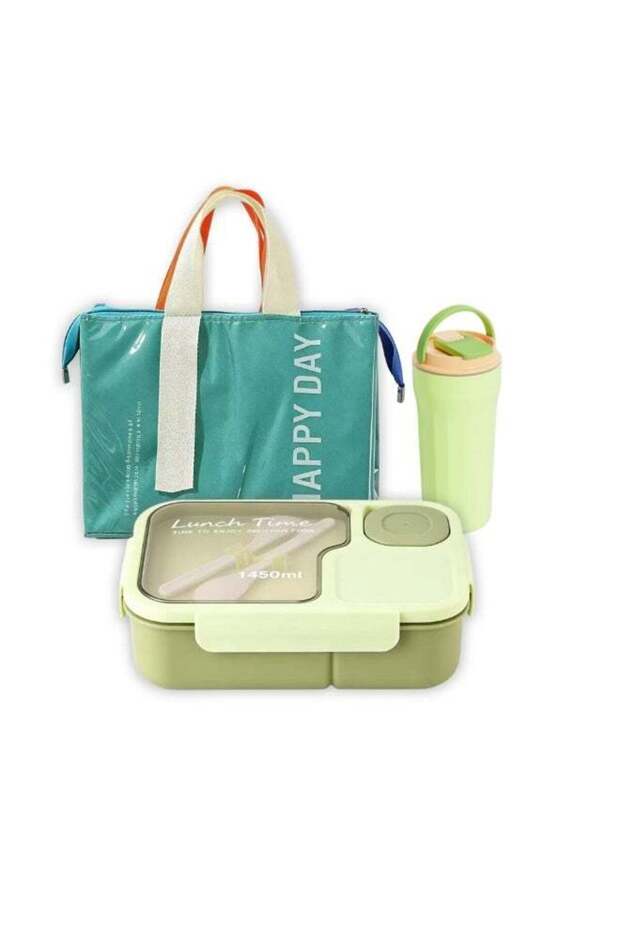 Student Meal Box Set with Insulated Bag, 3-compartment Microwave-Safe Lunch Box, and Drop-Resistant Cup, BPA-Free PP Material, Green