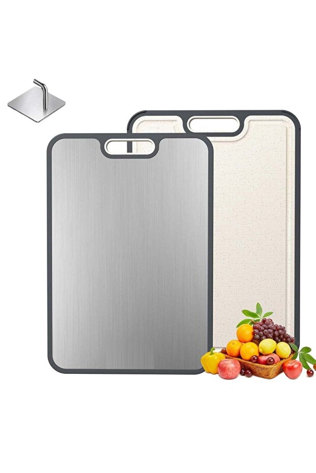 304 Stainless Cutting Board with stainless steel hook for Kitchen, Cutting Board Double Sided Food Grade for Meat & Vegetables,304 Stainless and Wheat Straw PP, Easy to Clean, Non-Slip Silicone Edge,