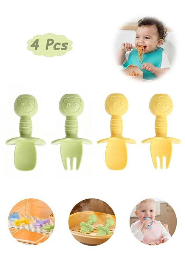 4 Pack Silicone Baby Spoons and Fork Feeding Set with Anti-Choke Barrier - Baby Silicone Training Spoon - Toddler Silicone Training Utensils for Baby Led Weaning Ages 3 Months and Older (Yellow/Green