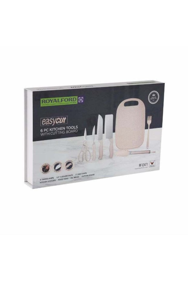 Royalford 6-Piece Kitchen Tools Set with Cutting Board | Includes Paring, Chef, and Cleaver Knives, Silicone Food Tong, Oil Brush, 3-in-1 Scissors | Ideal for Cooking, Food Prep | Kitchen Knife | Pin