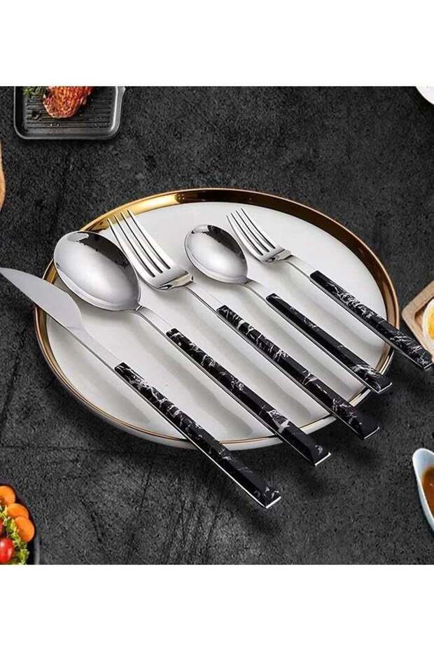 5-Piece Cutlery Set,Stainless Steel Silverware Set With Marble Textured Handle,Includes Knife Fork Spoon For Home Picnic