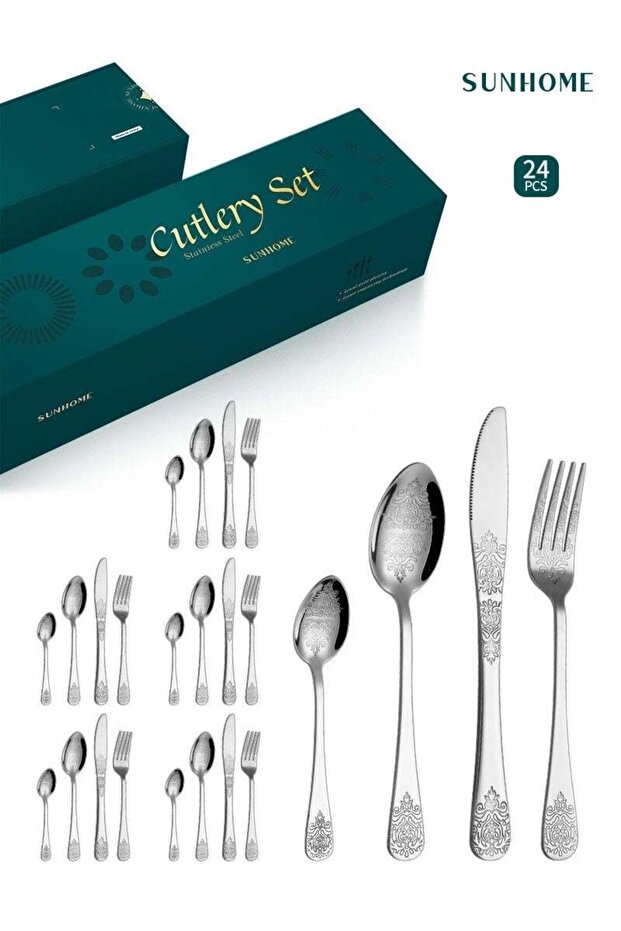 SUNHOME 24-Piece Stainless Steel Cutlery Set Silver Spoon Set Spoon And Fork Set