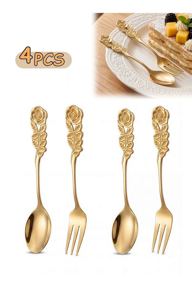 4Pcs Rose Handle Spoon Fork Set 4.72inch (304) Stainless Steel Flatware for Coffee Tea Dessert Ice Cream Appetizer Fruit(Gold)