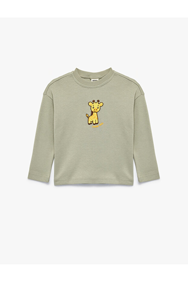 Giraffe Embroidered Cotton Crew Neck Long Sleeve Oversize T-Shirt
