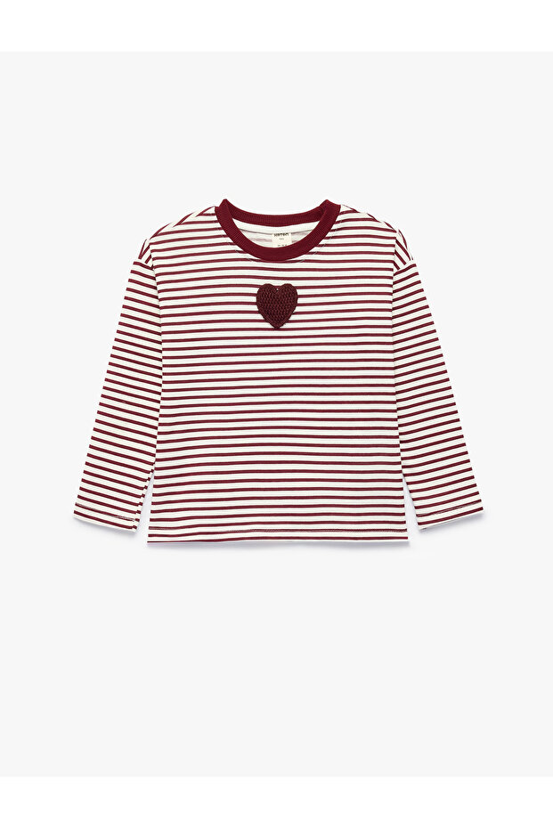 Heart-Shaped Crew Neck Long Sleeve Cotton Striped T-Shirt