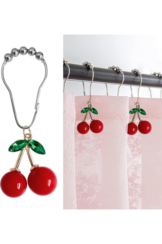 Cherry Shower Curtain Hooks,12-Piece Rust-Proof Stainless Steel Rings with Red Cherry Pendants