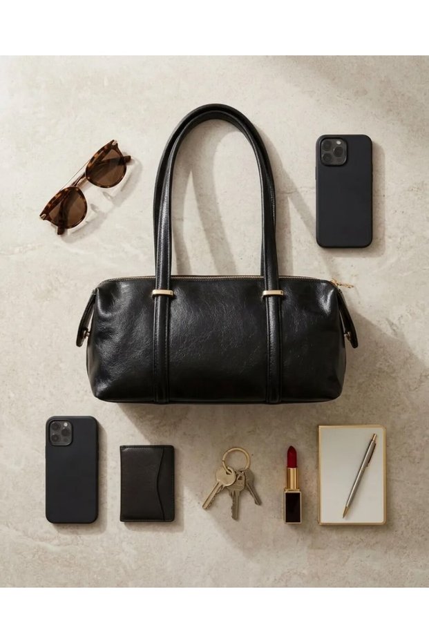 Black Soft Leather Shoulder Bag, Lined, with Gold Accents—Women's Everyday Clutch Bag and Shoulder Bag, 35x17 cm, CANEDR0