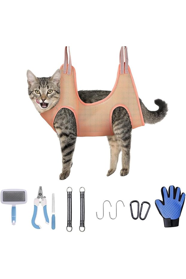 Rayyan Pet Grooming Hammock Set for Cats and Dogs,11-Piece Hanging Harness with Nail Clippers,Comb,and File,Orange,Medium