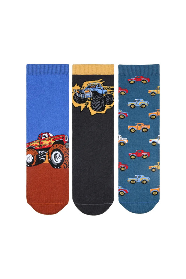 3-Piece Non-Slip Cotton Towel (Thick) Seamless Truck Patterned Children's Socks