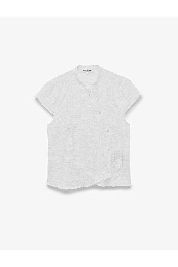 Asymmetrical Snap Button Mandarin Collar Short Sleeve Shirt