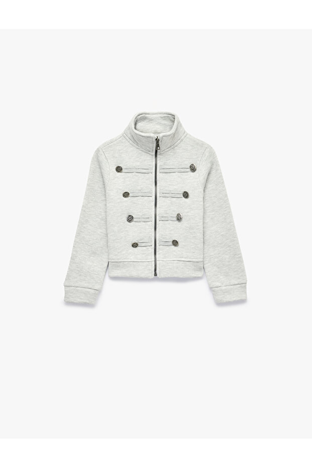Embroidered Buttoned Stand Collar Long Sleeve Zippered Napoleon Jacket