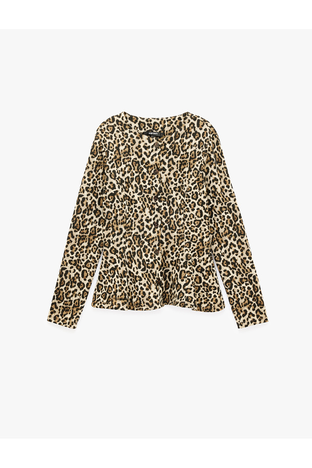Slim Crew Neck Long Sleeve Leopard Print Peplum Cardigan