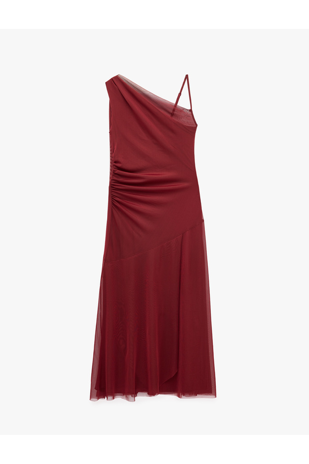Slim Fit Thin Straps One Shoulder Asymmetrical Cut Tulle Midi Dress with Scarf