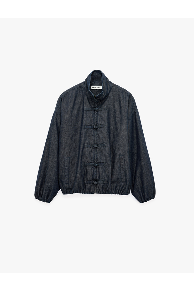 Long Sleeve High Collar Decorated Buttoned Denim Bomber Jacket