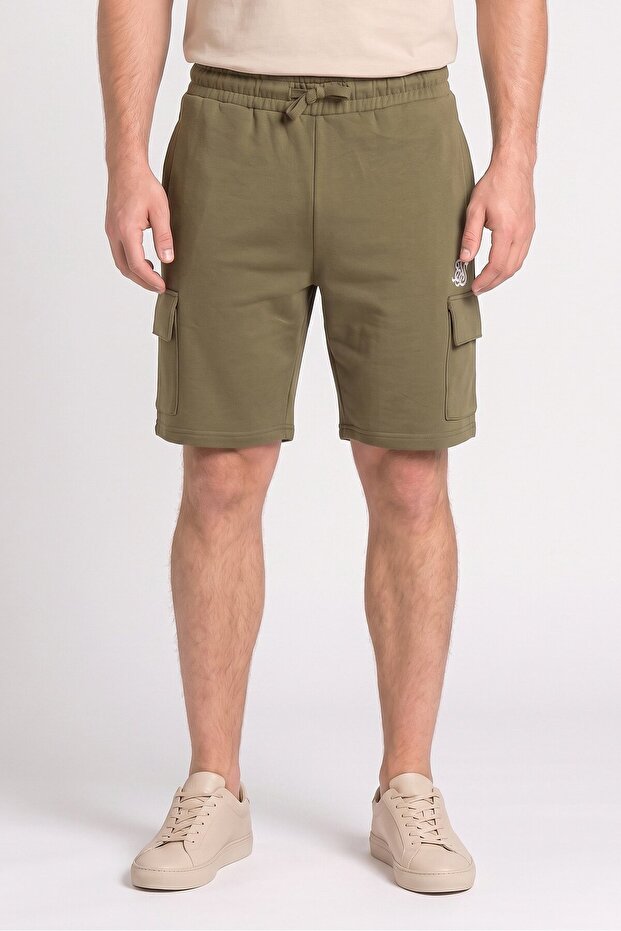 Men Embroidered Logo Basic Shorts, Olive