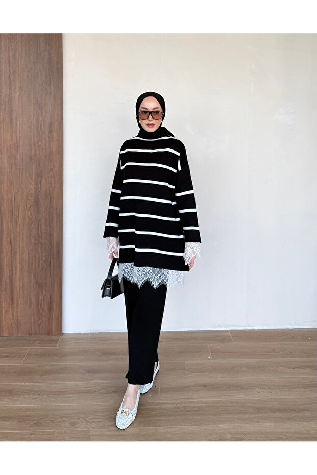 Lace Detailed Striped Knitwear Set