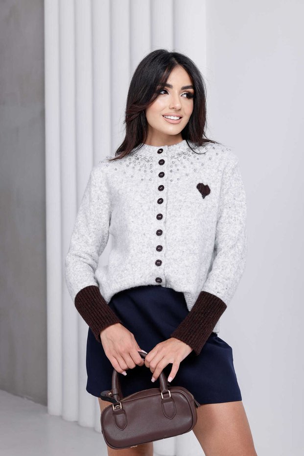 Cardigan with Stone Collar and Heart Buttons