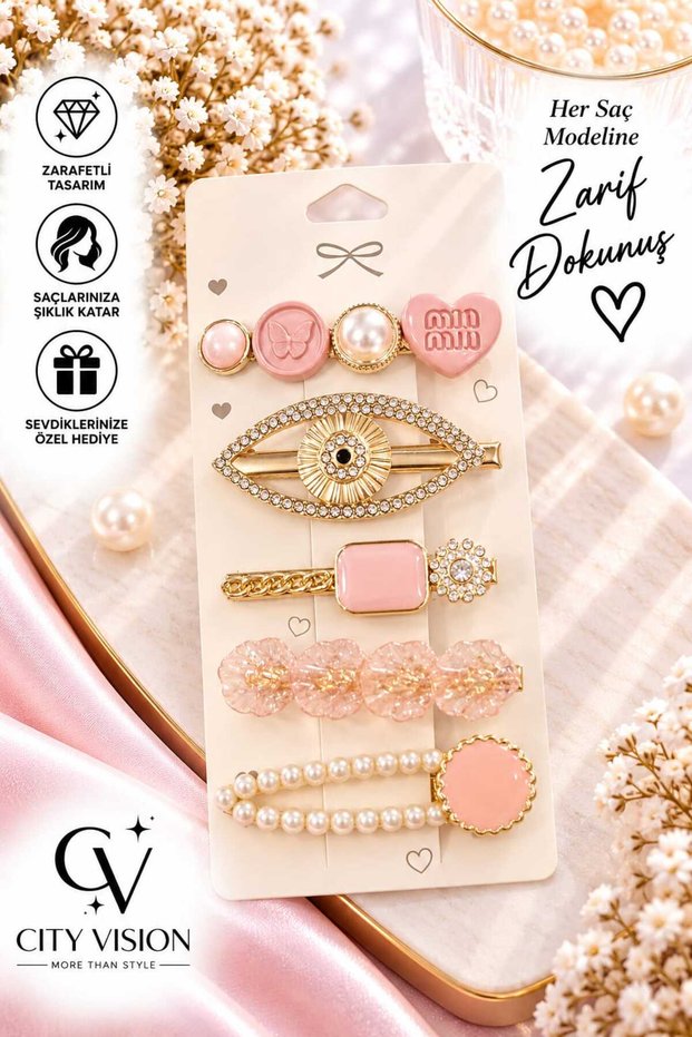 Set of 5 Women's Pink Color Pearl and Stone Hair Clips - Stylish and Durable