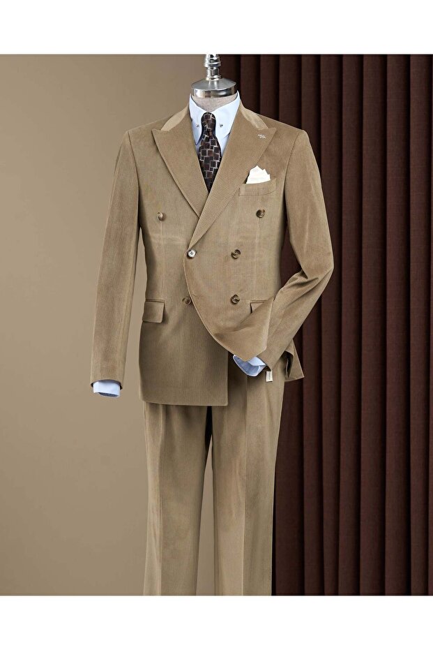 Slim Fit Double-Breasted Pointed Collar Velvet Thick Twill Men's Suit Khaki T20179-06