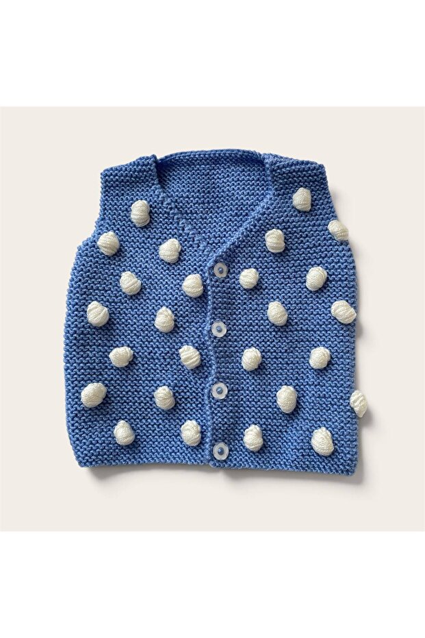 Baby Hand Knitted Vest Blue - Ecru Pom-Pom Model 0-6 Months
