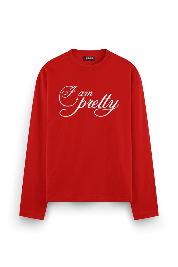I Am Pretty Printed Long Sleeve Oversize Fit T-Shirt Red