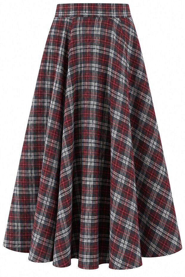 Burgundy 100% Cotton Plaid Skirt - 4086